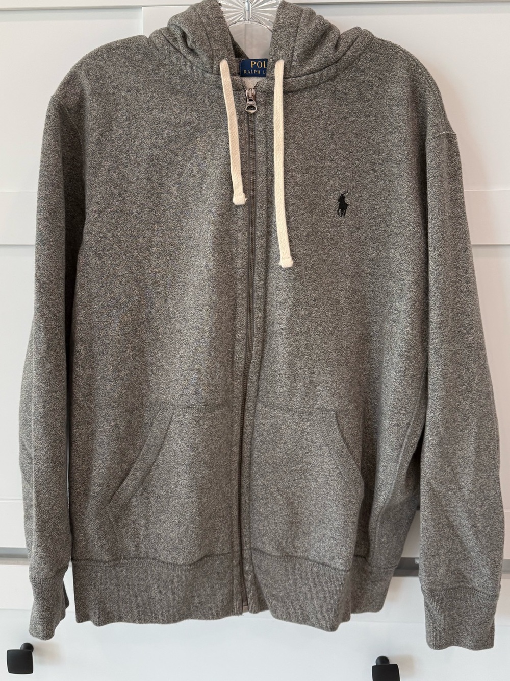 Polo Ralph Lauren Hoodie Mens Large Heather Gray Classic Fleece Zip Up, LIKE NEW